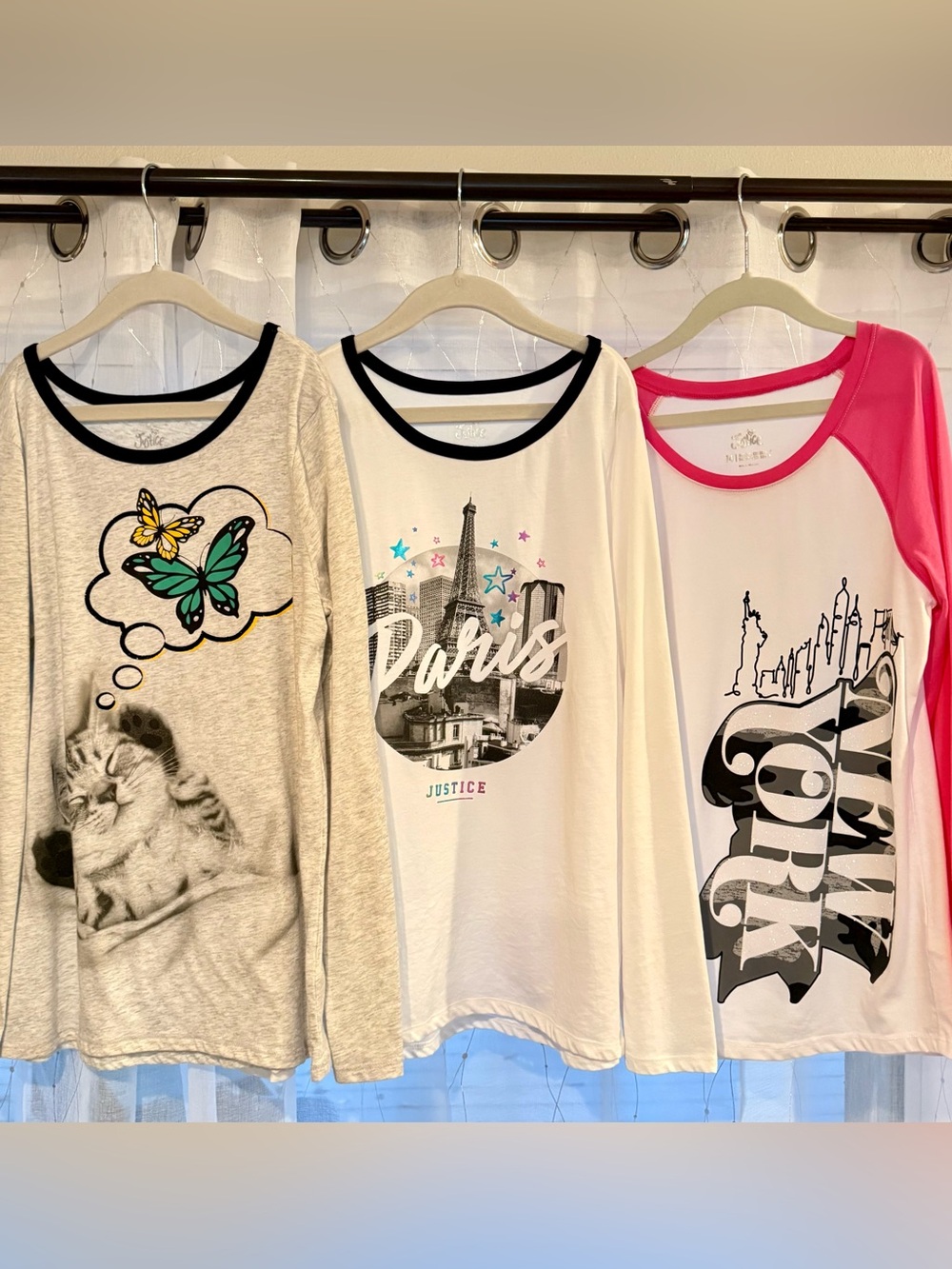 Justice Lot of 3 Long Sleeve Graphic Tees Sz 14 Relaxed Fit Paris NYC Kitty